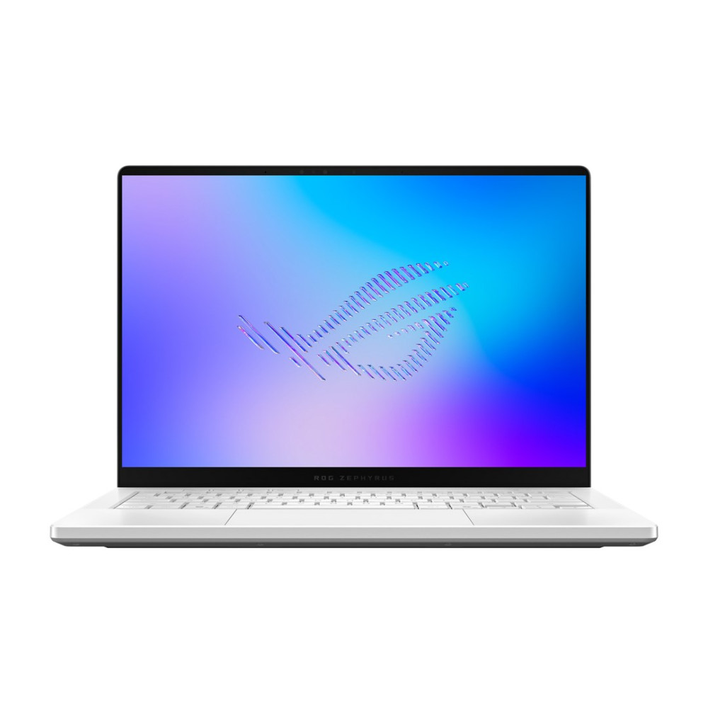 Biały laptop z podświetlaną klawiaturą i logo ROG Zephyrus.