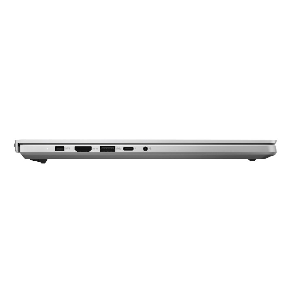 Zbliżenie na bok portów srebrnego laptopa, pokazujące porty USB i HDMI.