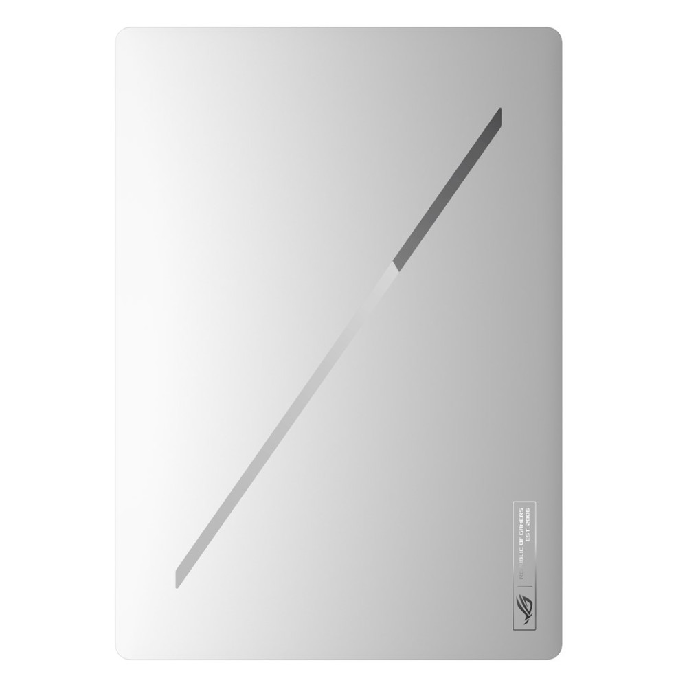 Srebrna pokrywa laptopa z ukośną linią i logo ROG.
