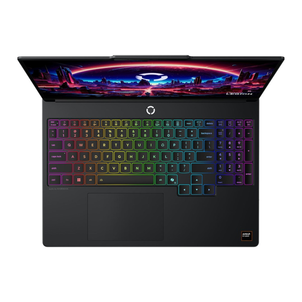 Otwarty czarny laptop z podświetlaną klawiaturą i futurystyczną tapetą.