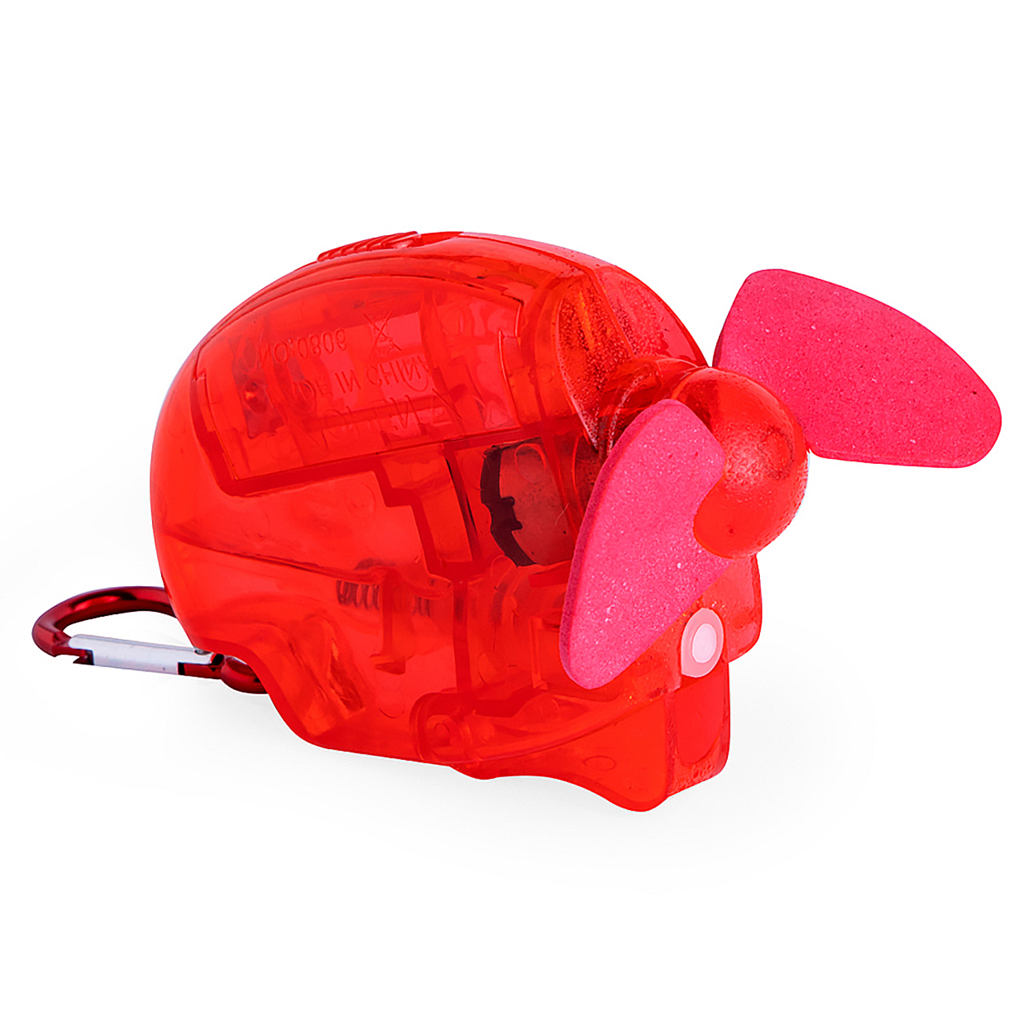 Un mini ventilador rojo transparente con aspas rosas y un clip de mosquetón.