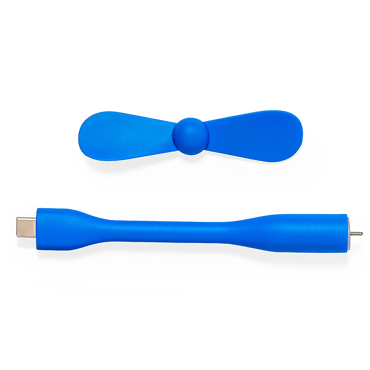 Un ventilador USB-C azul con aspas desmontables yace sobre una superficie blanca.