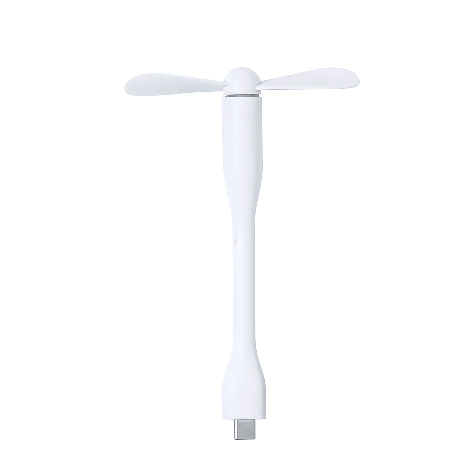 Un mini ventilador USB blanco con dos aspas y conector USB-C.