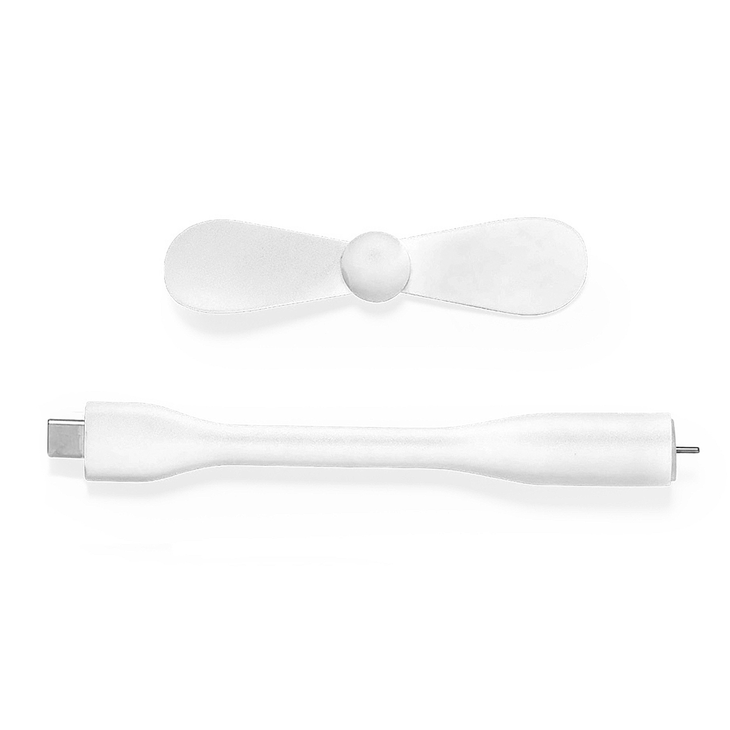 Un mini ventilador USB blanco con dos aspas y un cuello flexible.