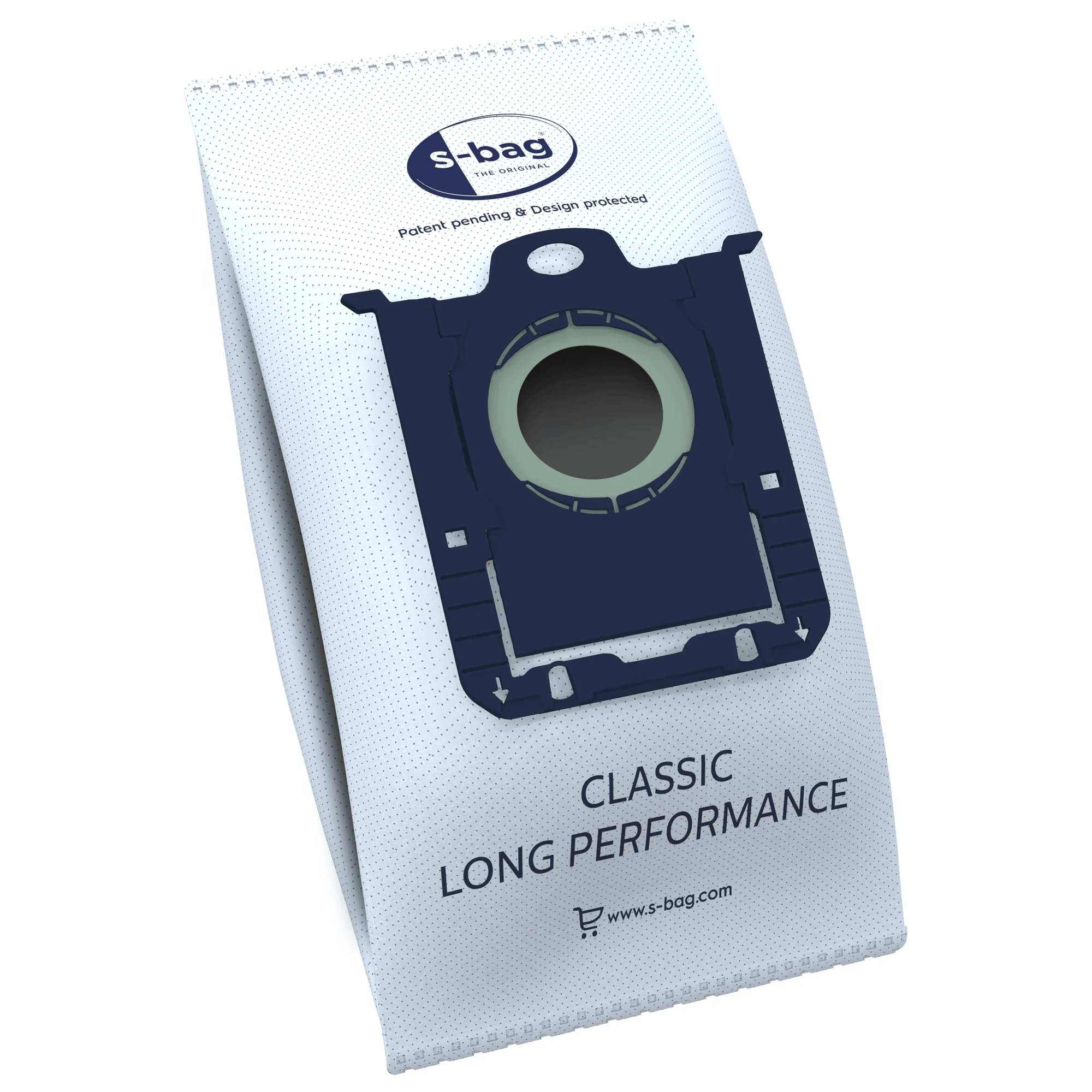 A blue vacuum cleaner bag with "s-bag CLASSIC LONG PERFORMANCE" print.