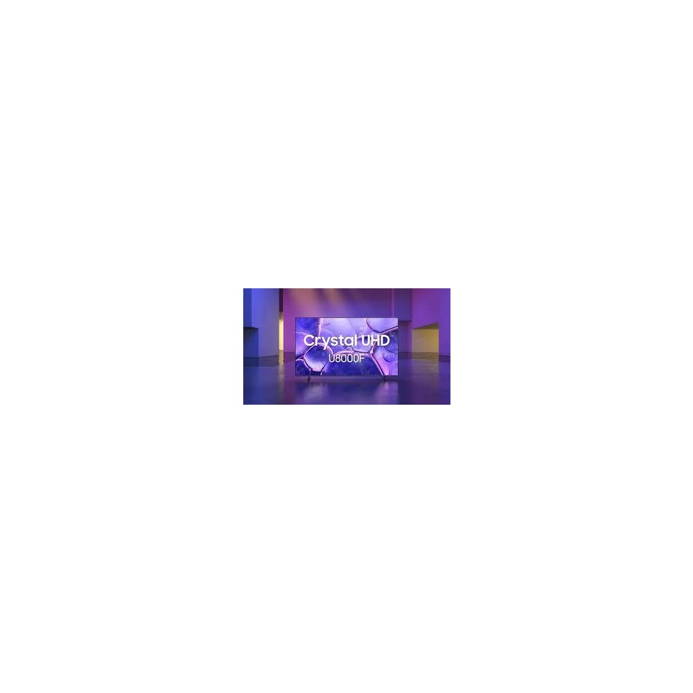 Modern bir TV, 'Crystal UHD U8000F' yazısıyla karanlık bir odada duruyor.