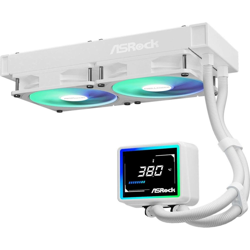 Biała chłodnica ASRock z dwoma wentylatorami RGB i cyfrowym wyświetlaczem.