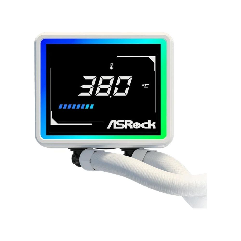 Chłodnica CPU ASRock z cyfrowym wyświetlaczem: 38.0°C, oświetlenie RGB i białe węże.