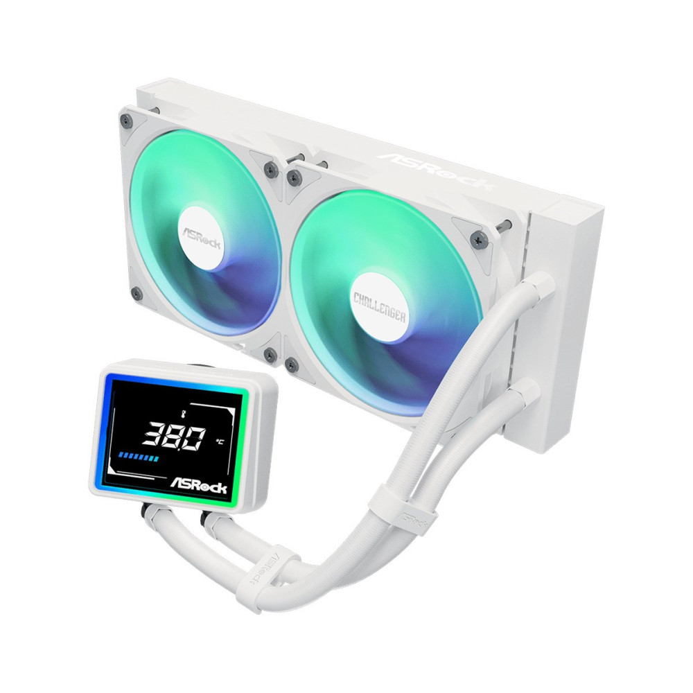 Biaa chłodnica ASRock z dwoma wentylatorami i cyfrowym wyświetlaczem pokazującym 38,0°C.