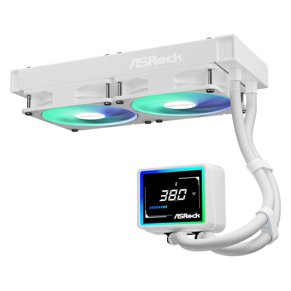 Biała chłodnica ASRock z dwoma wentylatorami RGB i cyfrowym wyświetlaczem pokazującym 380.