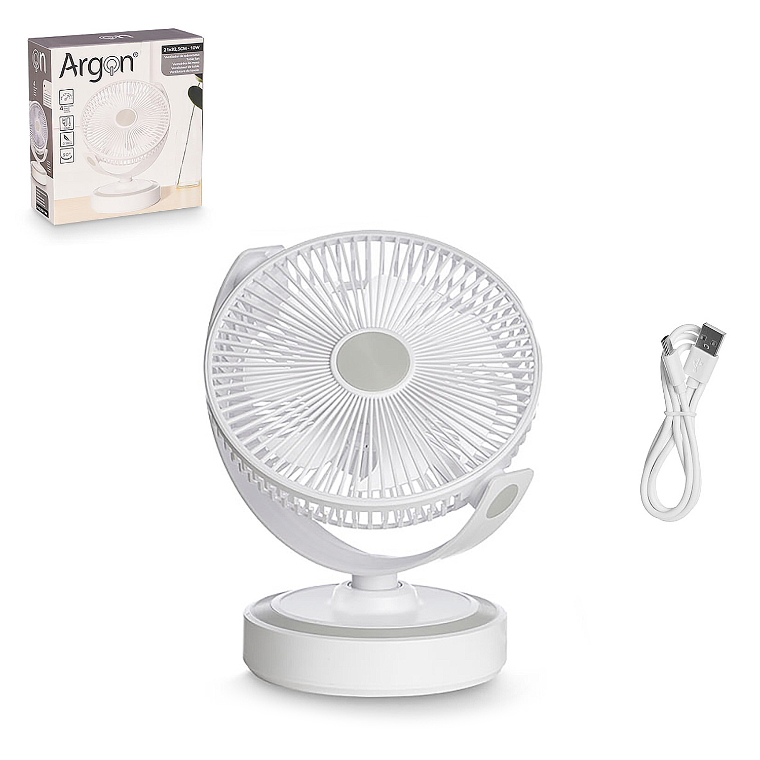 Un ventilador de escritorio USB blanco con su cable y embalaje.