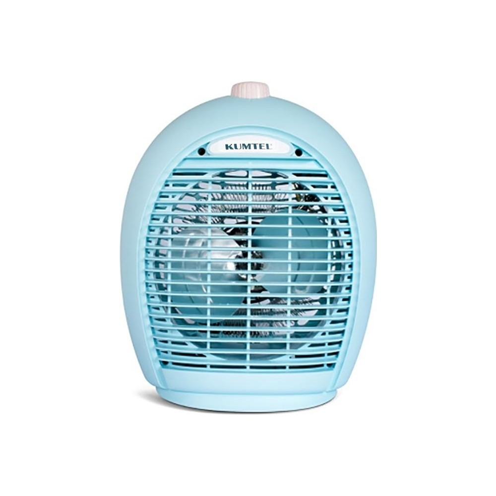 Görünür fan kanatları ve ızgarası olan açık mavi ısıtıcı fan.