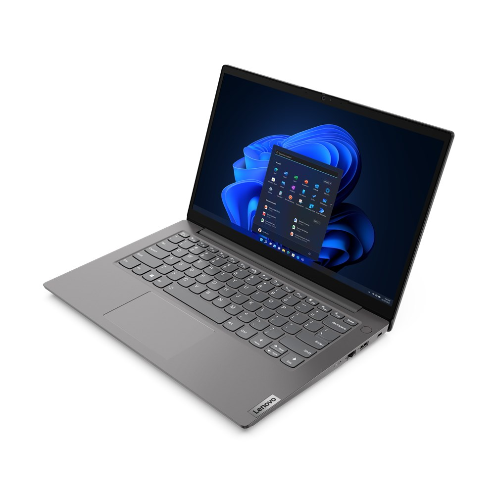 Szary laptop Lenovo wyświetlający system Windows 11 na ekranie.