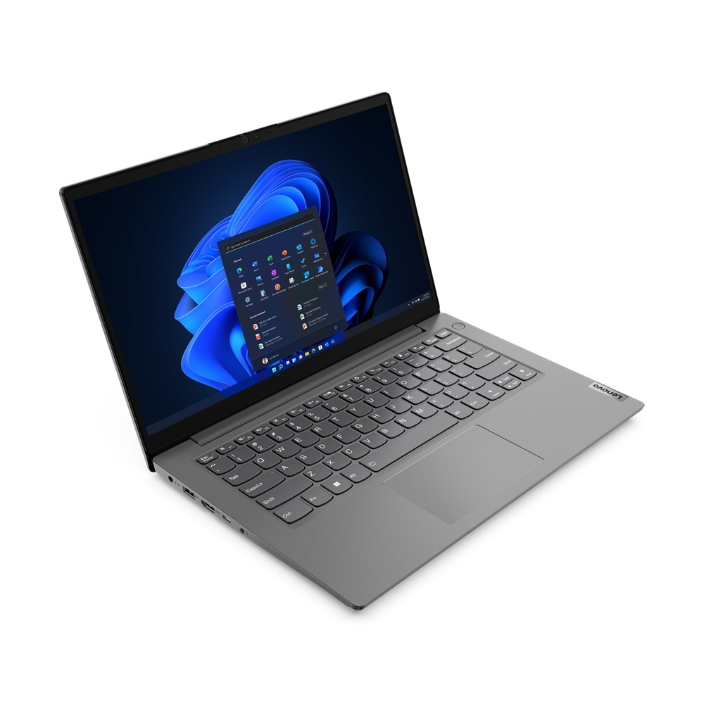 Szary laptop Lenovo z podświetlanym ekranem, wyświetlający niebieską tapetę.