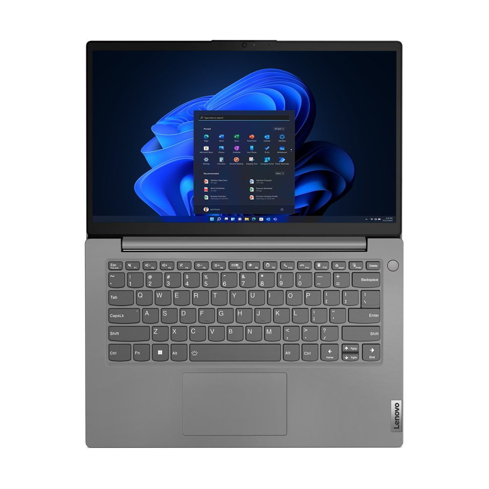Szary laptop Lenovo z otwartym ekranem, wyświetlający menu Start systemu Windows 11.