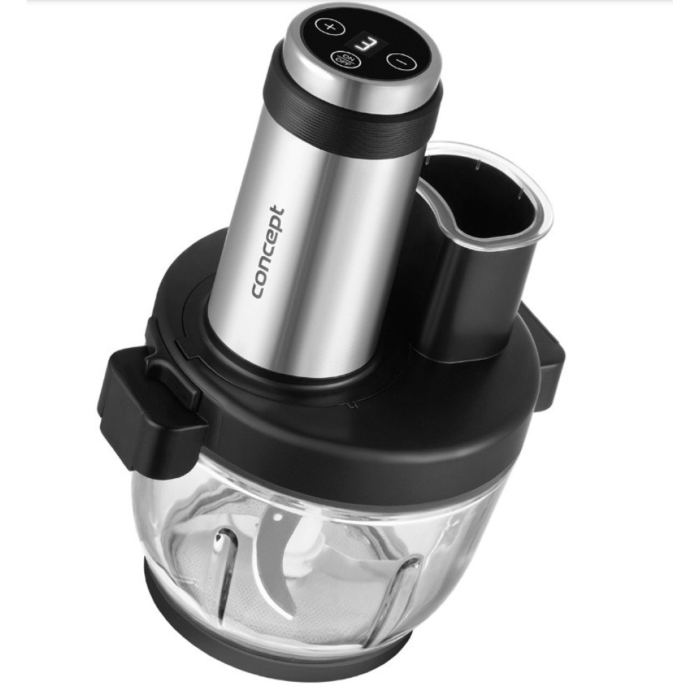 Srebrny blender ręczny z czarną podstawą i szklaną misą z ostrzami.