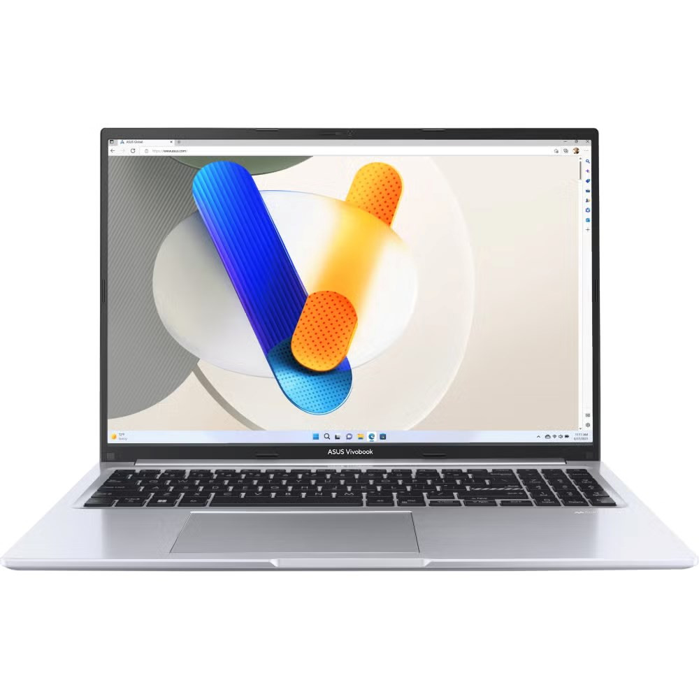 Srebrny laptop wyświetlający kolorową tapetę i klawiaturę.