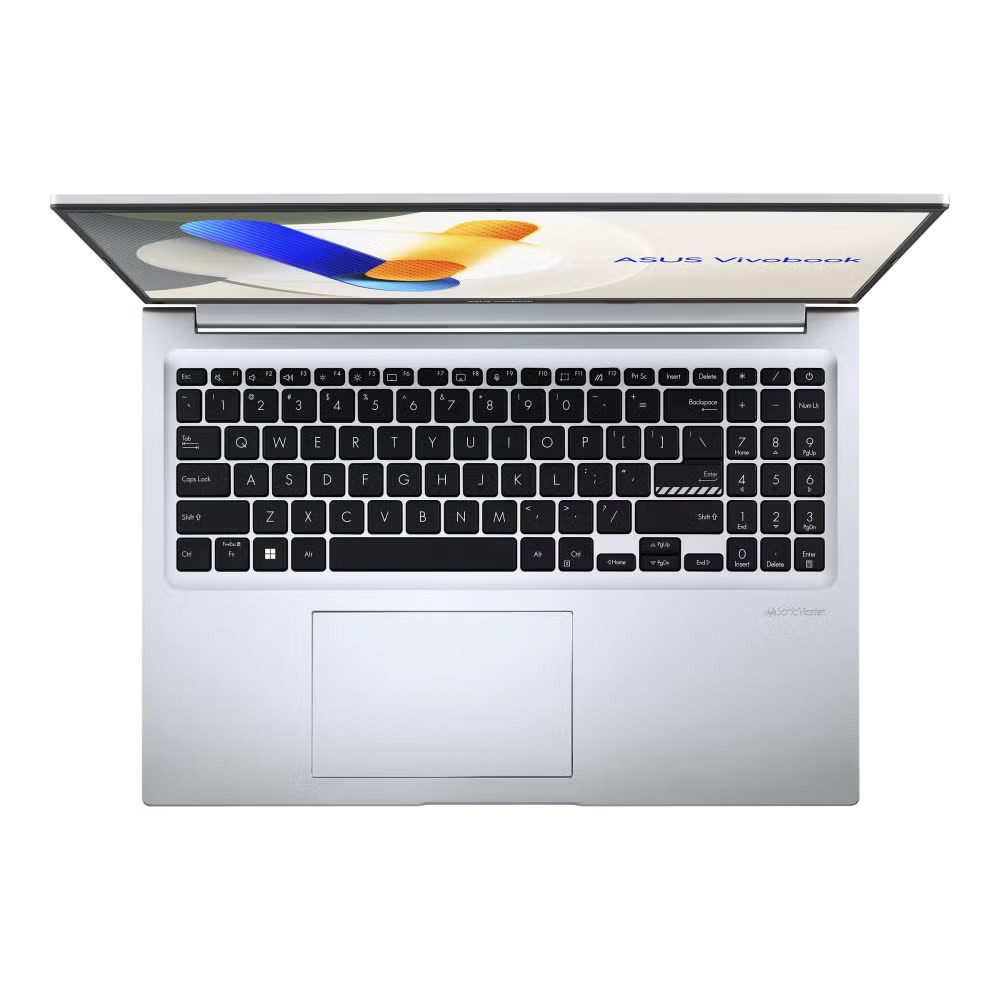 Otwarty srebrny laptop ASUS Vivobook z klawiaturą i touchpadem.