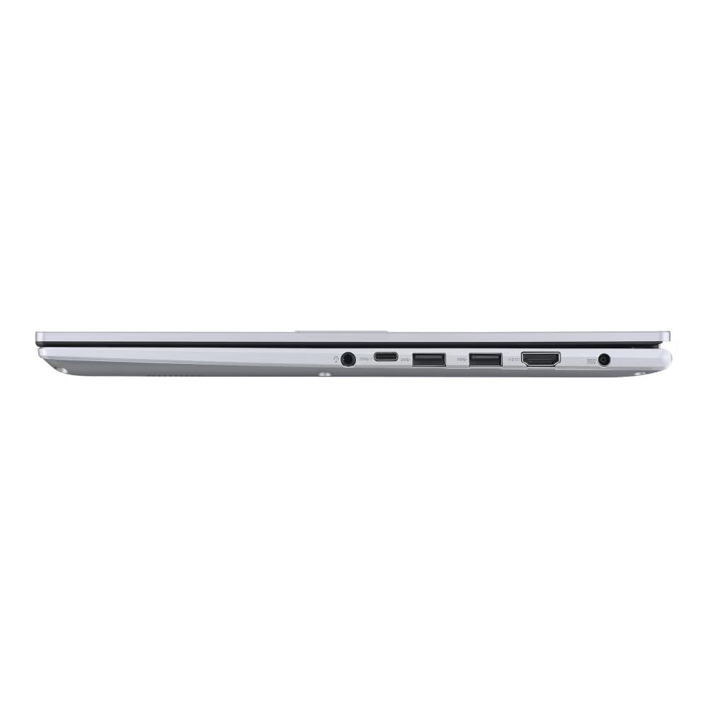 Bok srebrnego laptopa z portami USB i HDMI.