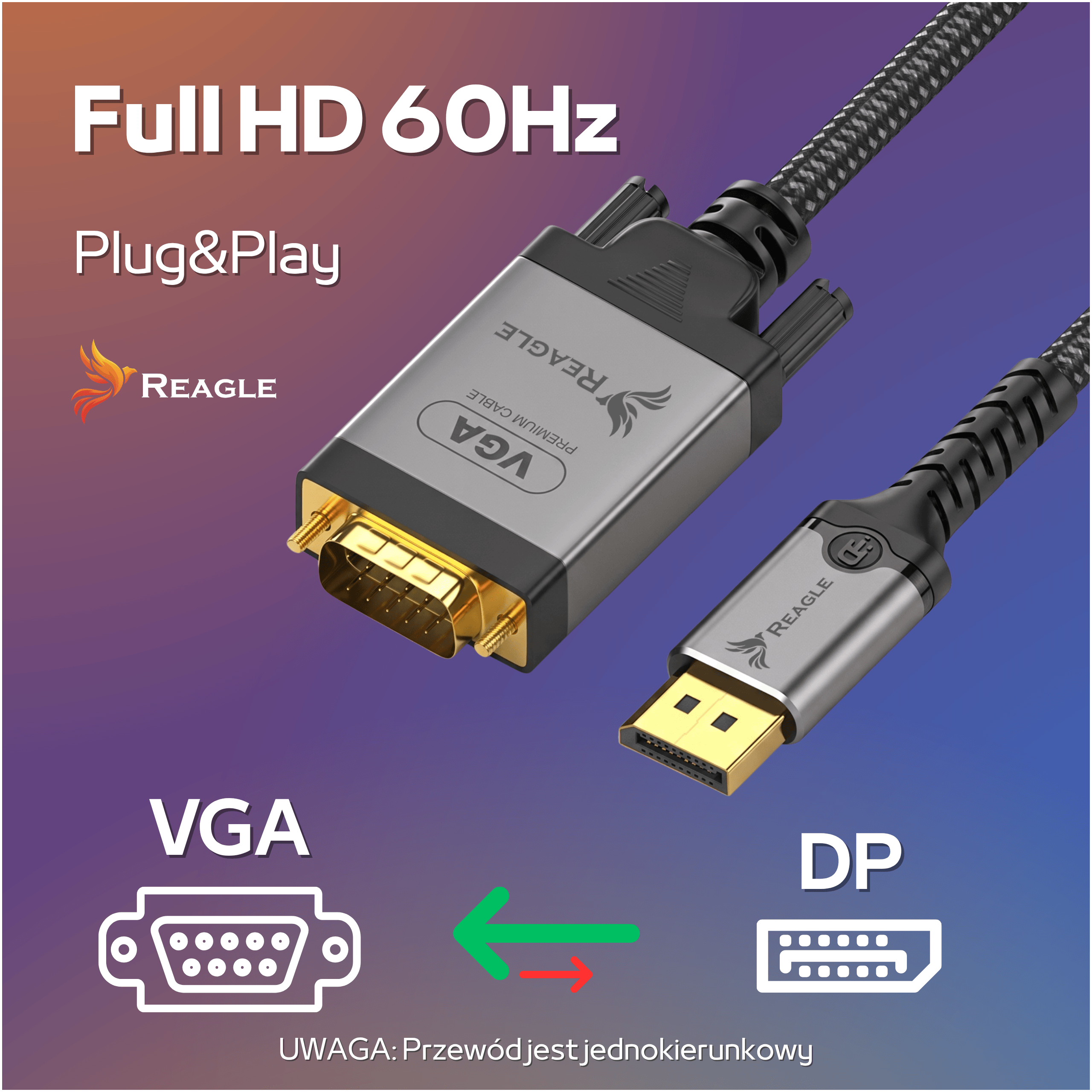 Kabel VGA do DP, Full HD 60Hz, Plug&Play. Jest jednokierunkowy.
