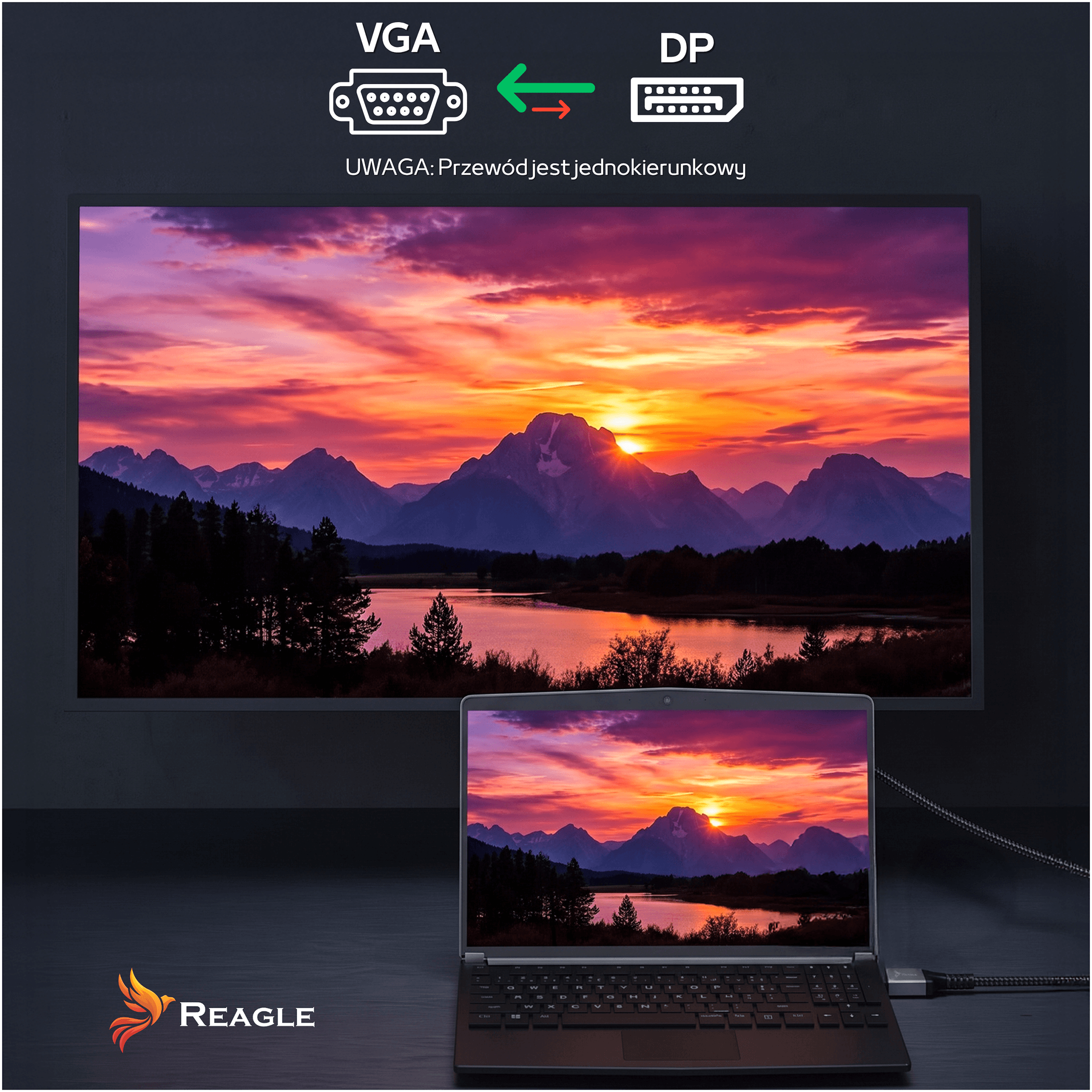 Laptop odzwierciedla obraz góry i jeziora o zachodzie słońca.