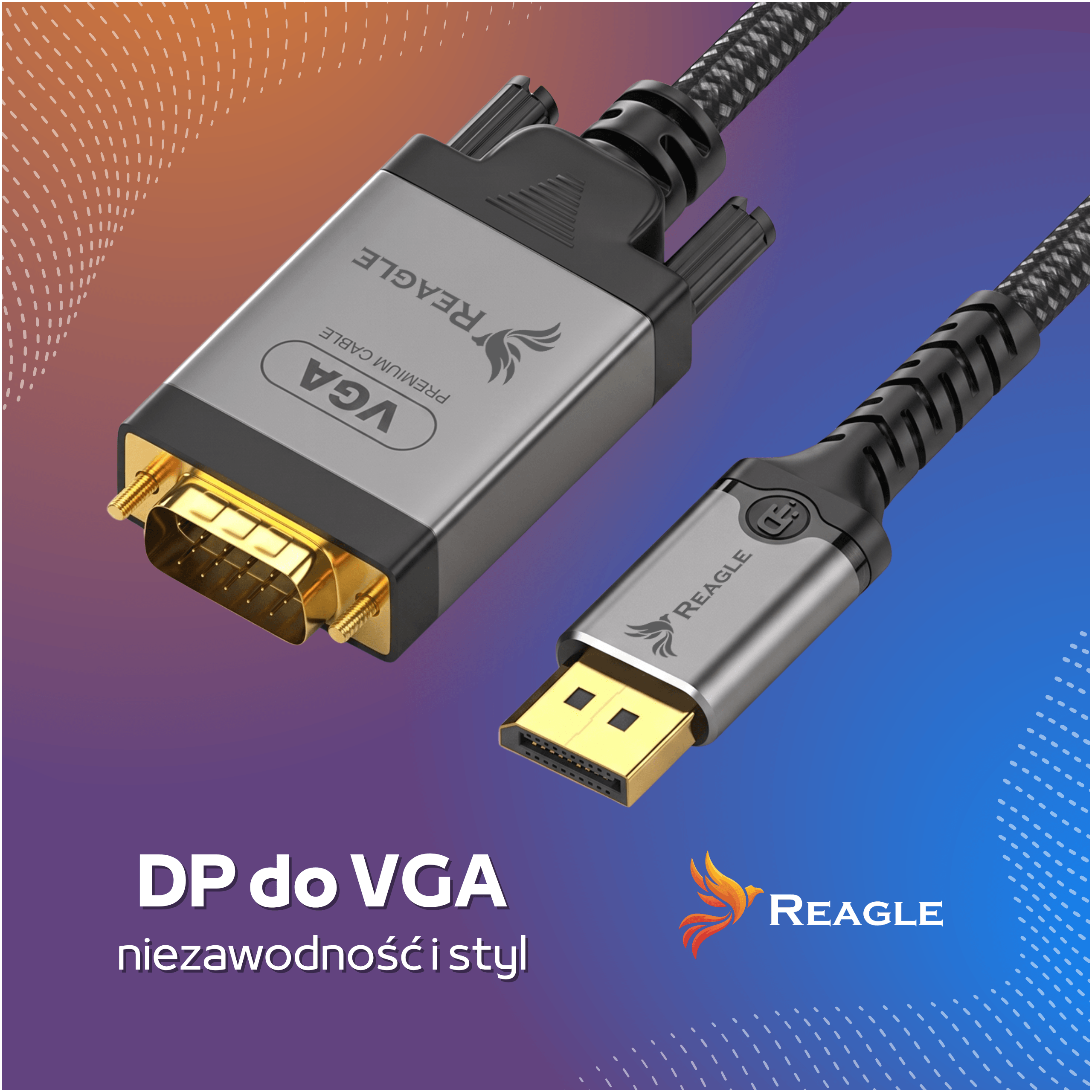 Kabel przejściowy DisplayPort na VGA ze złotymi złączami na niebieskim tle.