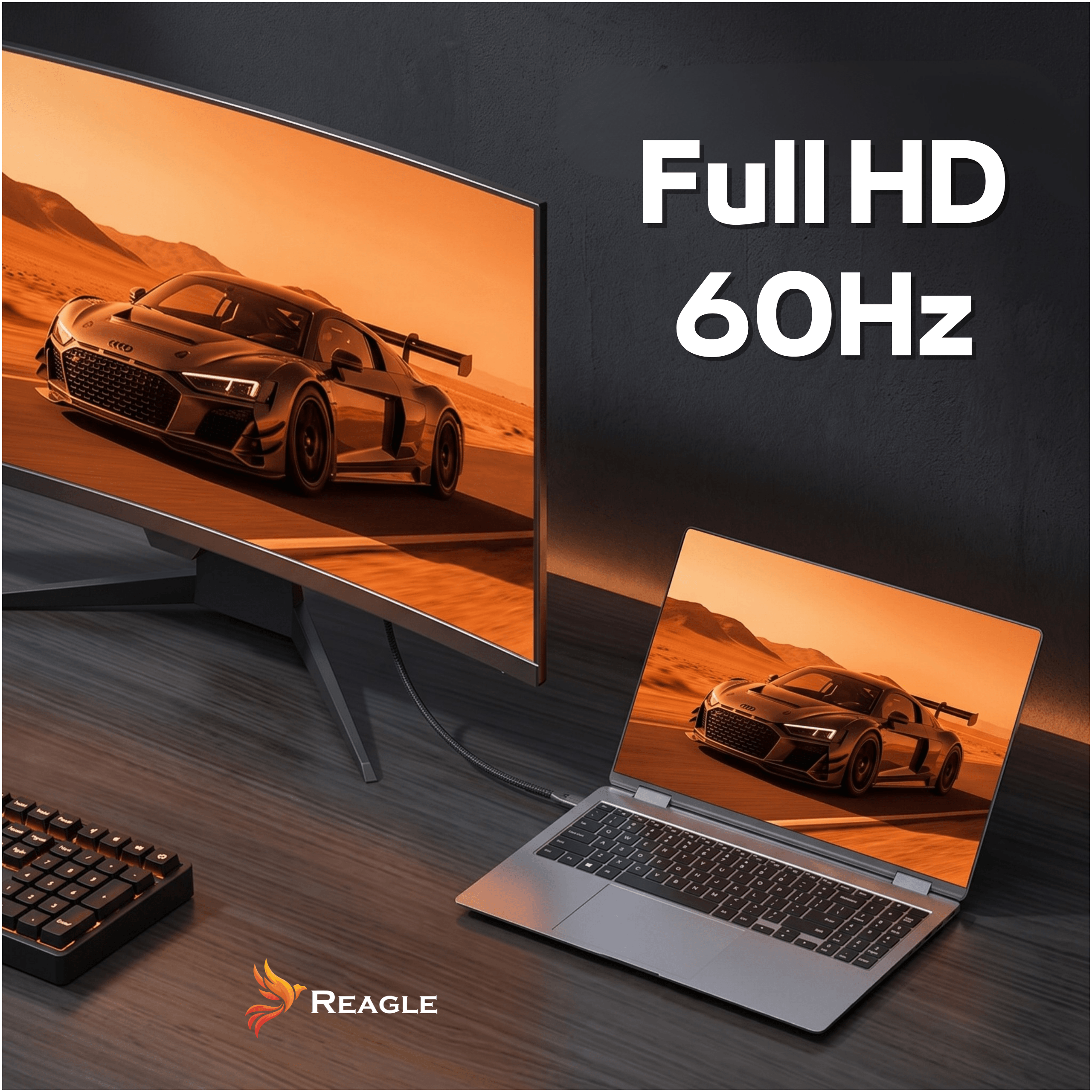 Laptop i monitor wyświetlają samochód wyścigowy na tle pomarańczowego nieba. Widoczny tekst Full HD 60Hz.