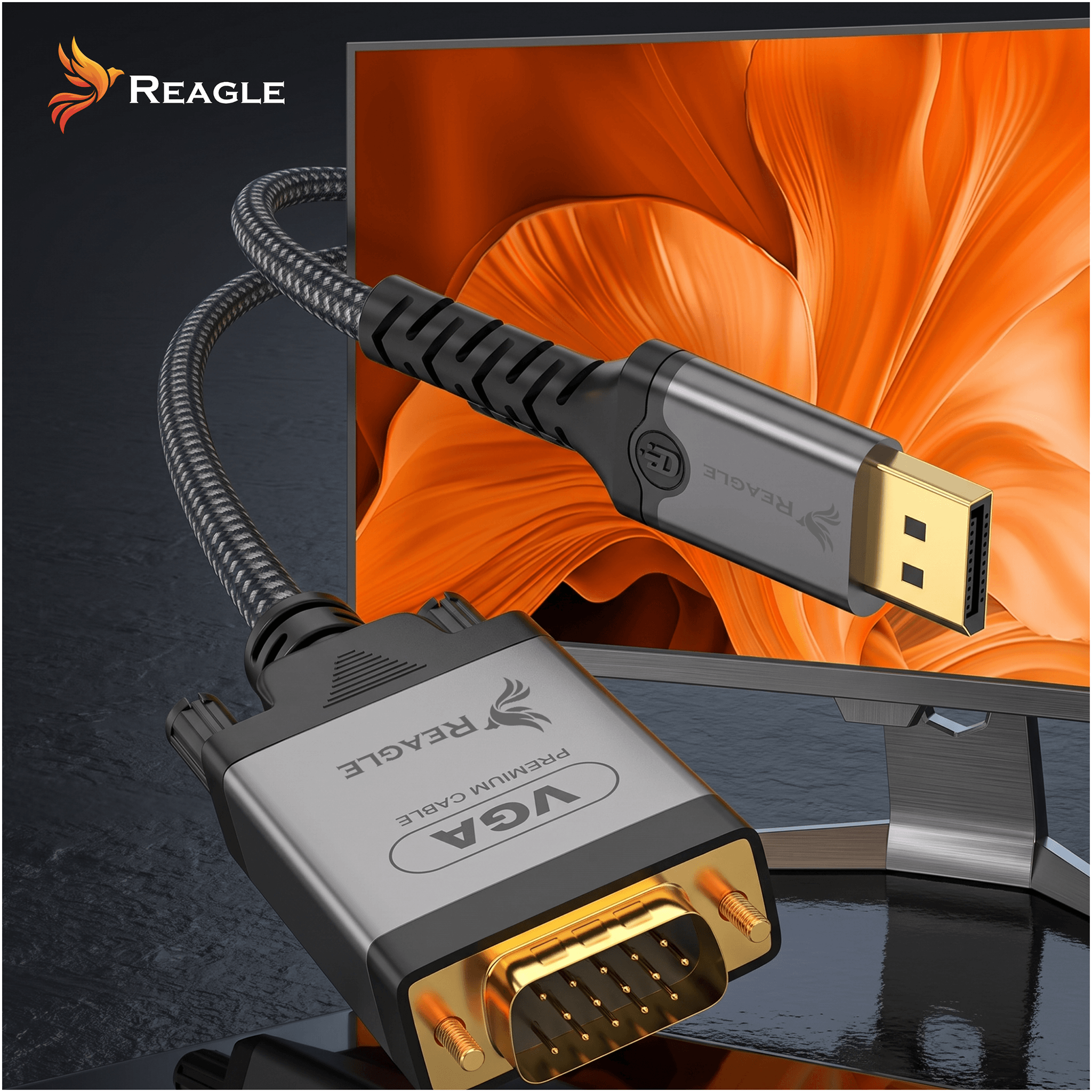 Kabel VGA Reagle i kabel DisplayPort przed pomarańczowym ekranem.