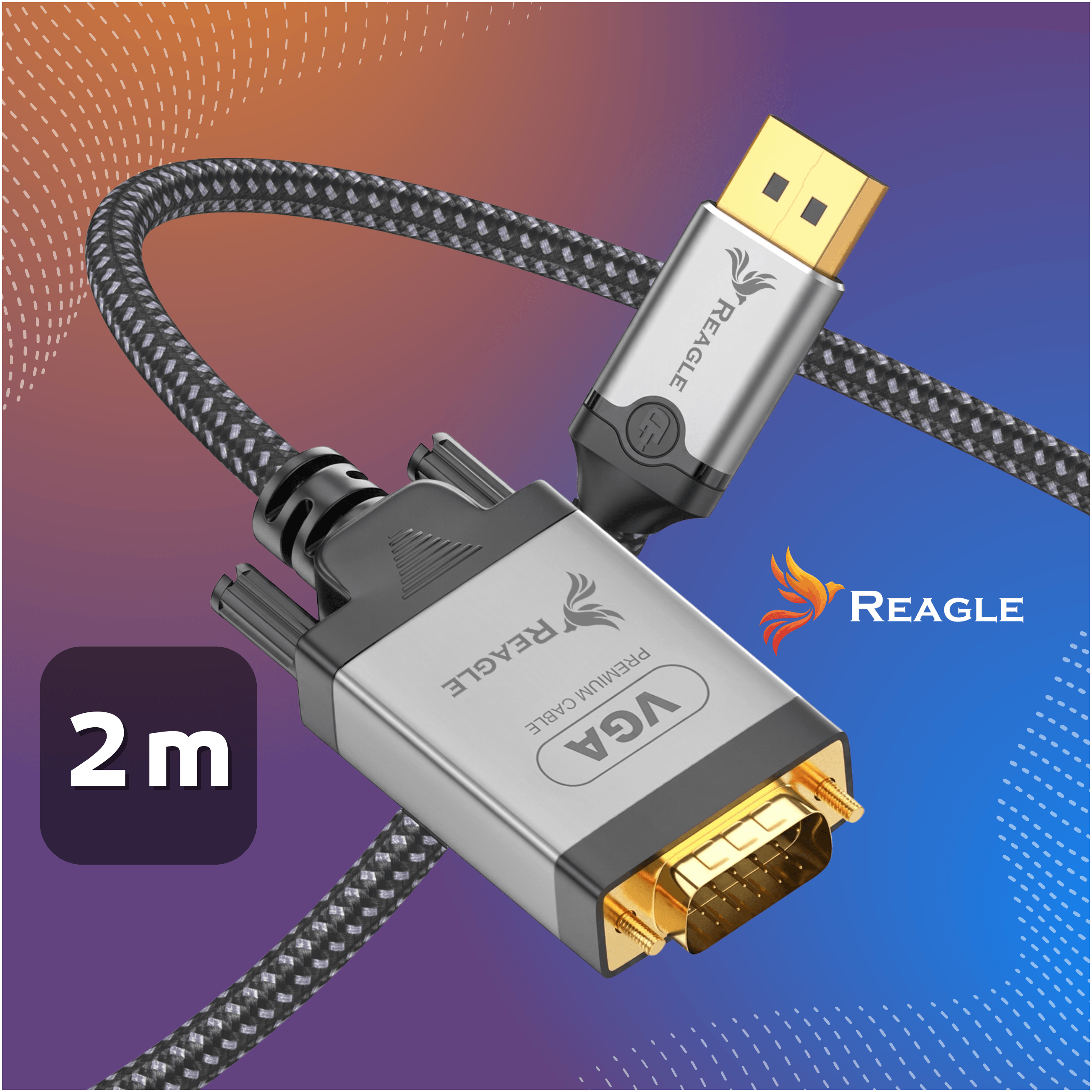 Kabel VGA 2m ze złączem DisplayPort na tle gradientowym.