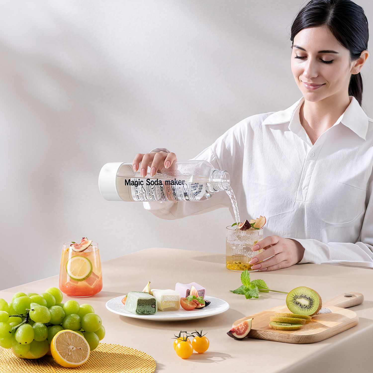 Una mujer vierte agua de una botella en un vaso con fruta y hielo. Cerca hay frutas y queso.