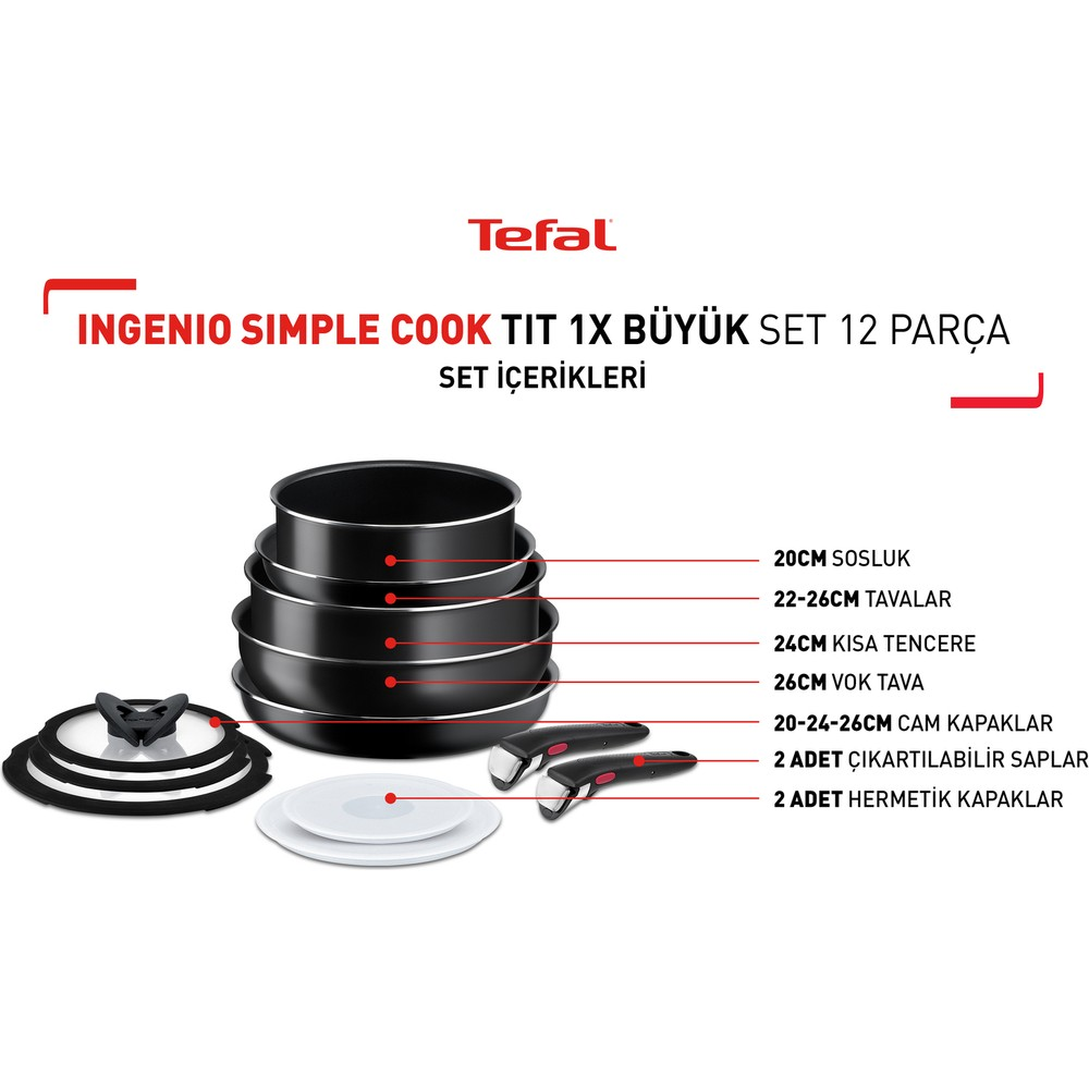 Tefal Ingenio tencere seti: tencereler, tavalar, kapaklar, saplar.