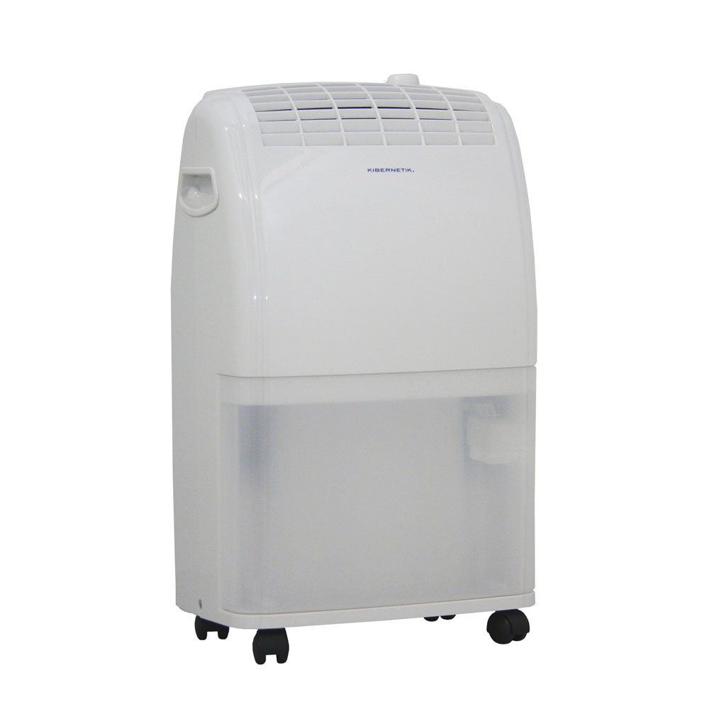 Un déshumidificateur blanc avec réservoir d'eau transparent et roulettes.