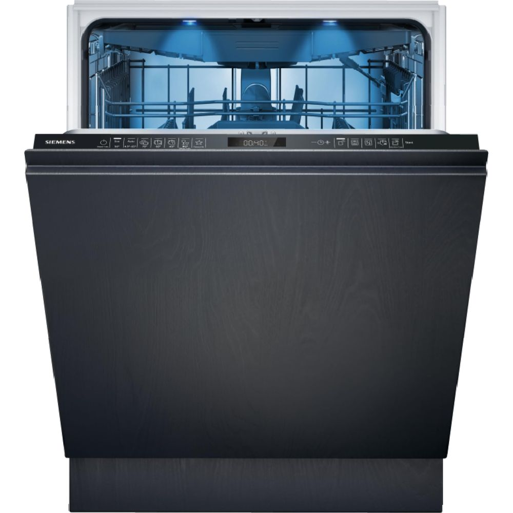 Un lave-vaisselle ouvert avec façade sombre et éclairage intérieur bleu.