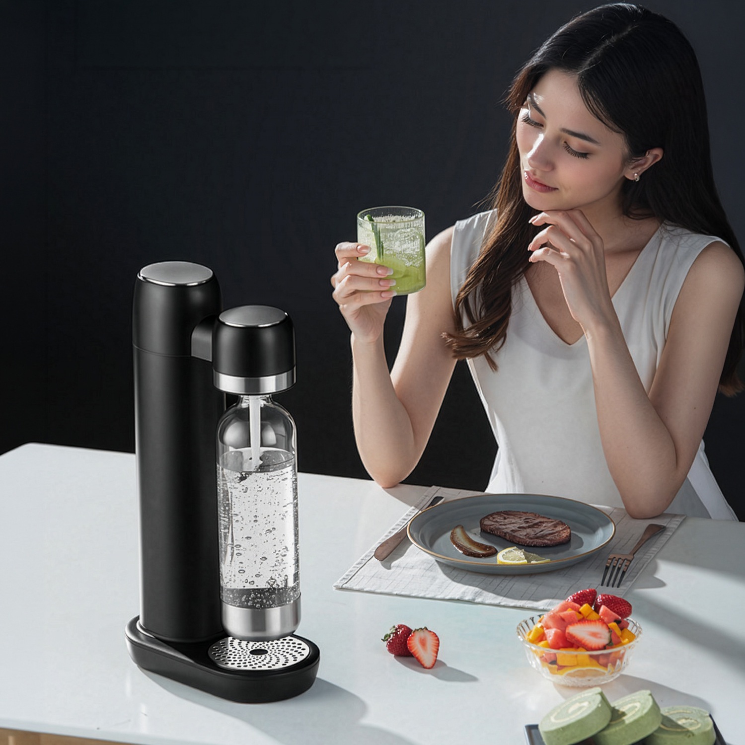 Una mujer bebe una copa junto a una máquina de soda, con una comida y ensalada de frutas en la mesa.