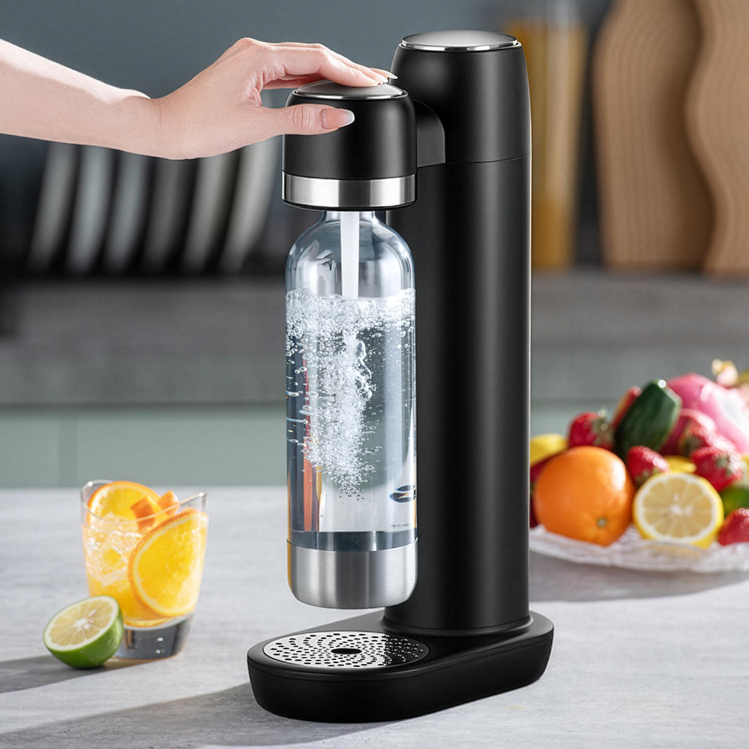 Una mano presiona una máquina de soda, con un vaso de rodajas de naranja y frutas cerca.