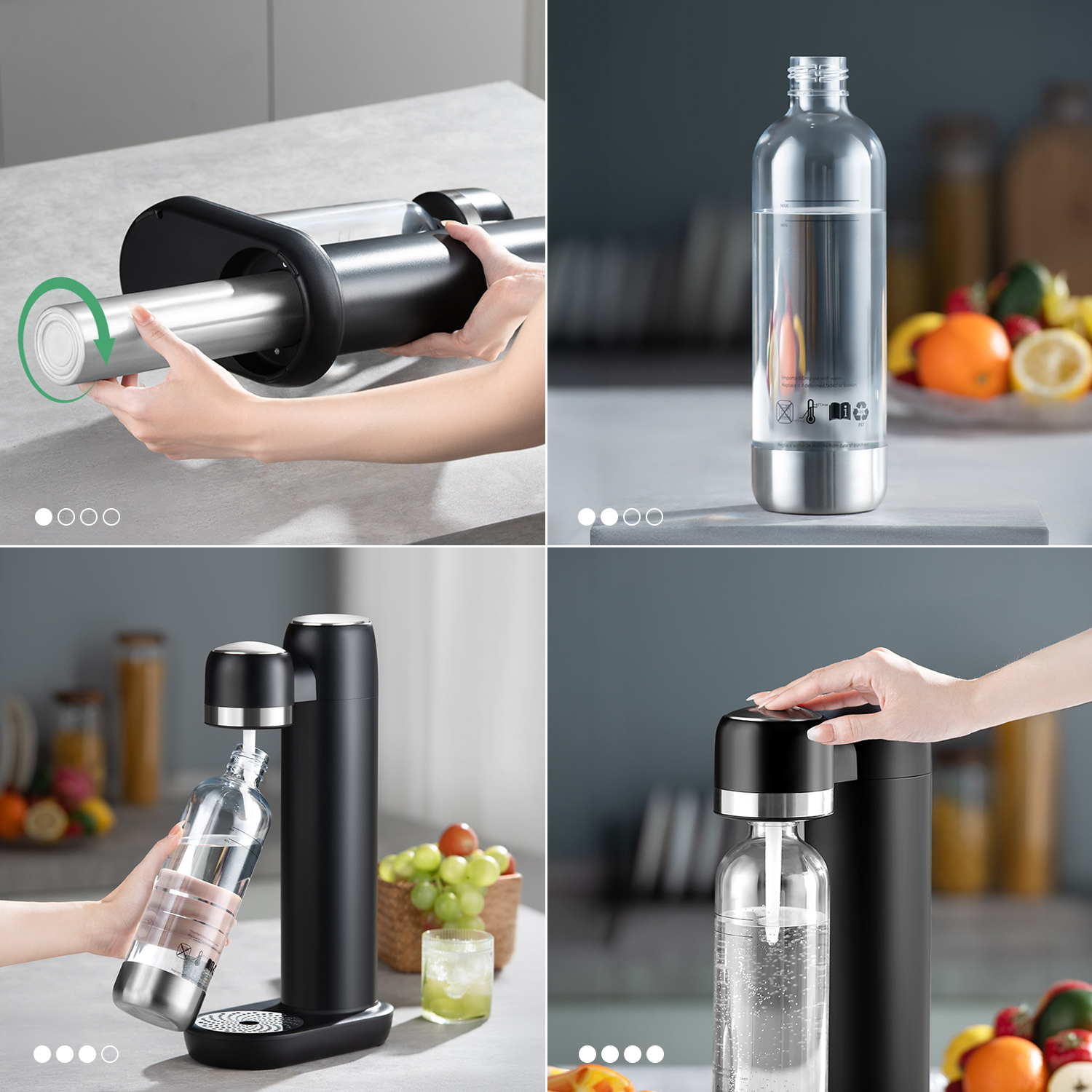 Introducción de un cartucho de CO2 en un sifón. Al lado, una botella de agua llena.