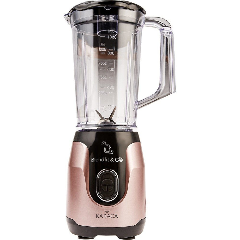 Rose gold rengi, siyah detaylı, ölçü işaretli şeffaf sürahili blender.