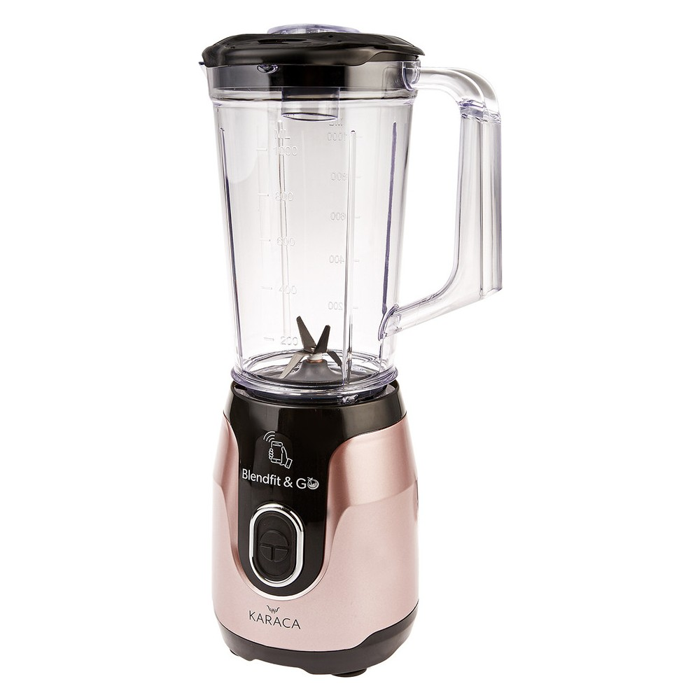 Siyah kapaklı ve kulplu, rose gold rengi blender beyaz zemin üzerinde.