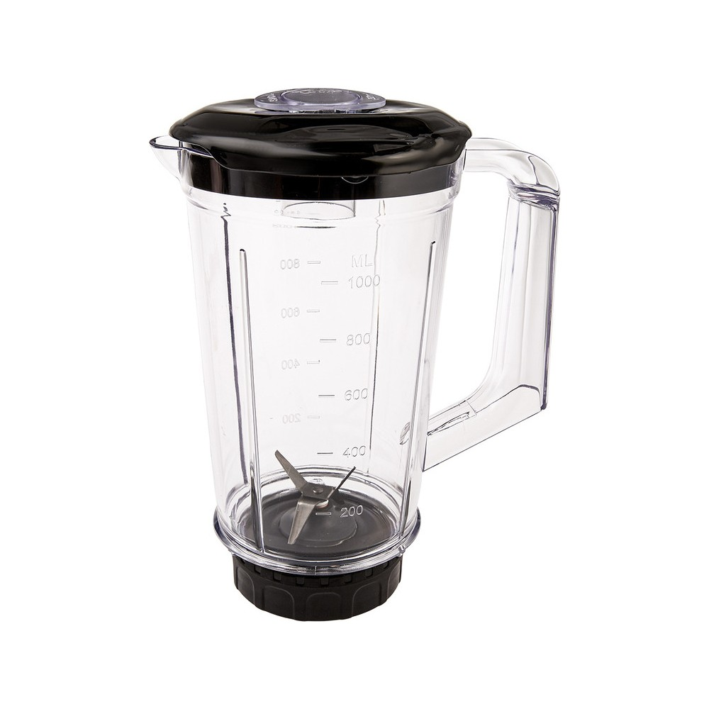 Ölçü işaretli, siyah kapaklı ve kulplu şeffaf blender sürahisi.