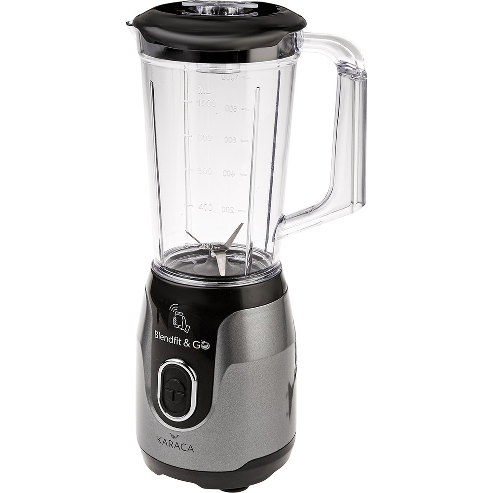 Gümüş tabanlı, siyah kapaklı ve kulplu şeffaf blender.