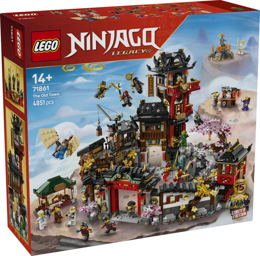 Zestaw Lego Ninjago "The Old Town" z wieloma postaciami i szczegółowym budynkiem.