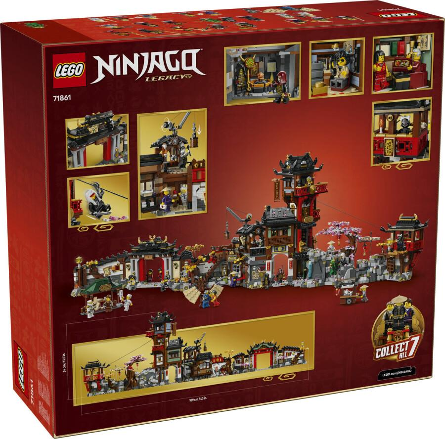 Zestaw Lego Ninjago Legacy 71861 ze szczegółowymi budynkami, postaciami i akcesoriami.
