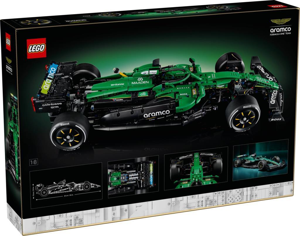 Yeşil LEGO Formula 1 yarış arabası, ambalajda çok sayıda sponsor logosu var.