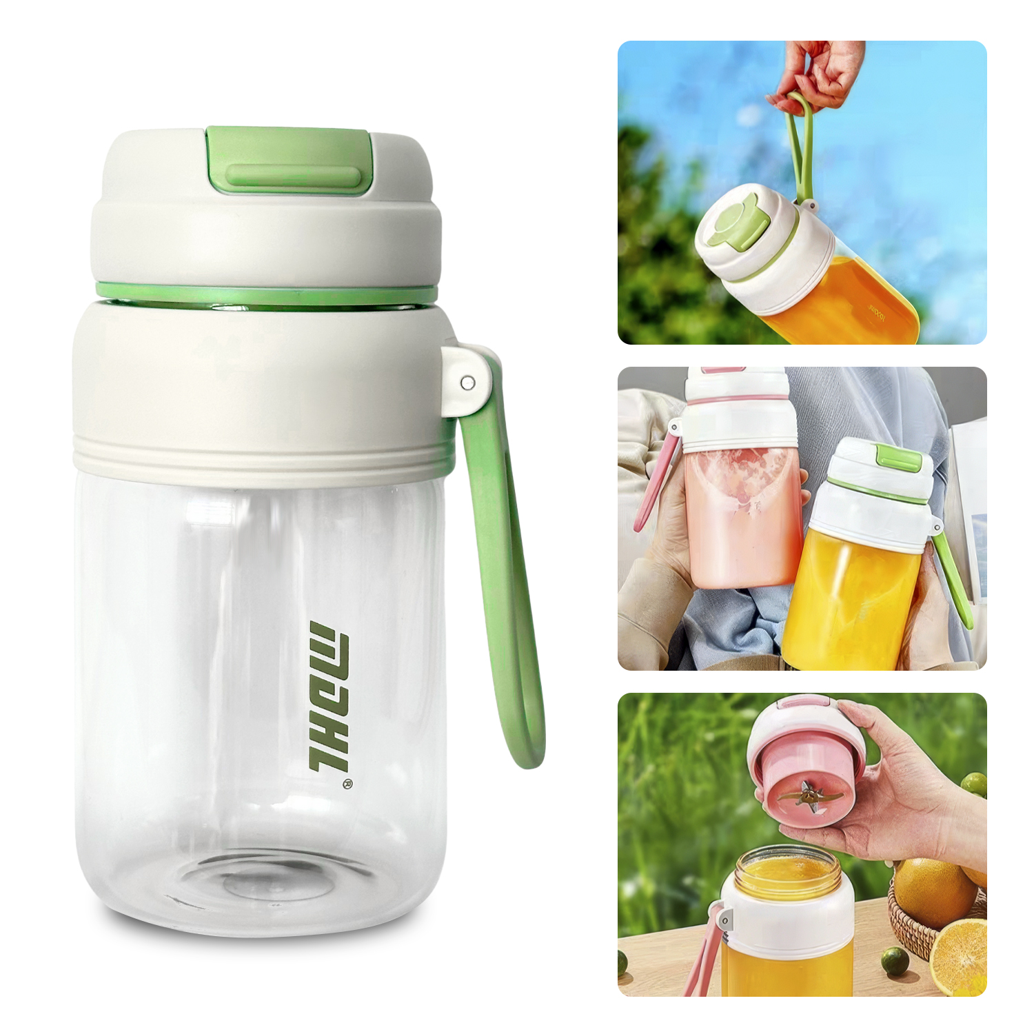 Batidora portátil con cuerpo y asa blancos y verdes. Incluye imágenes pequeñas de jugo.