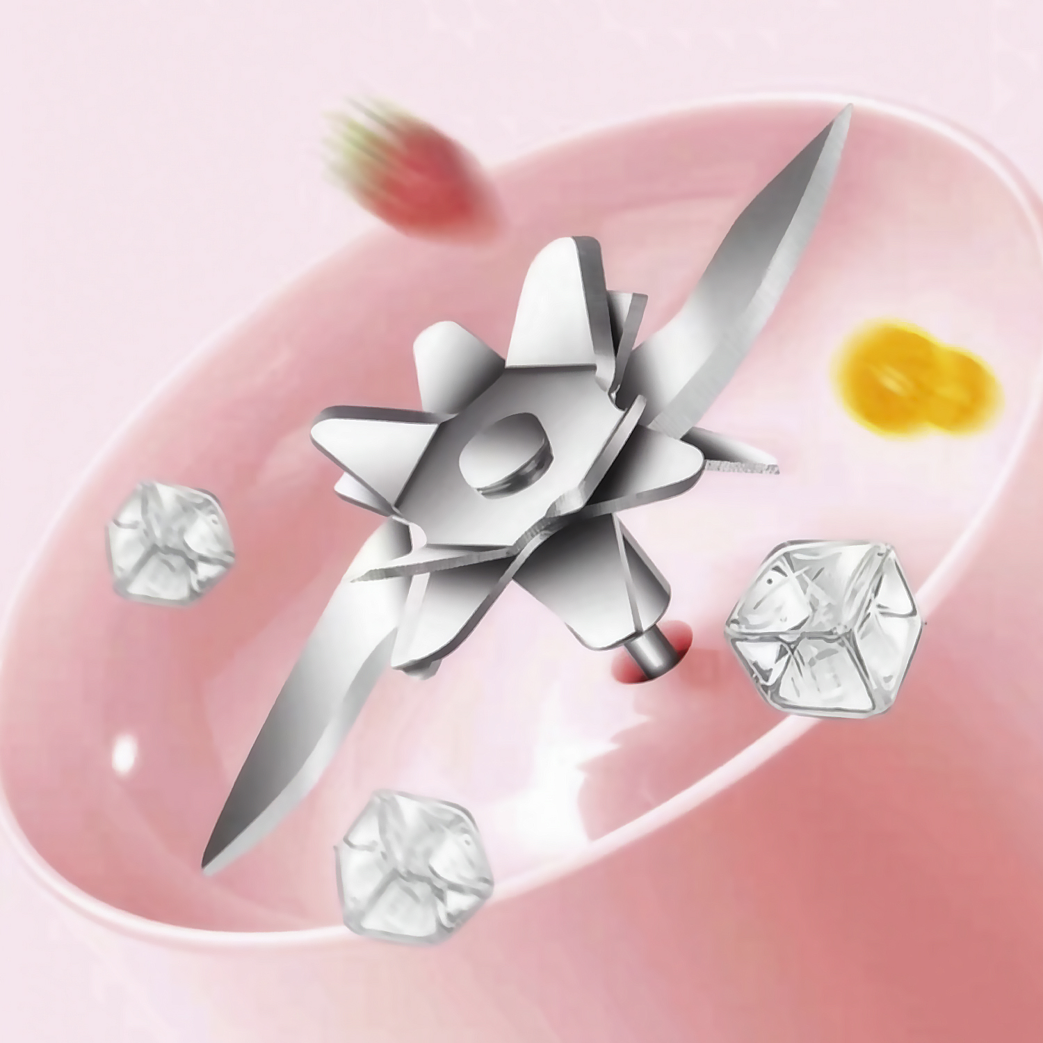 Cuchillas de licuadora con cubitos de hielo, fresa y zumo de naranja en bol rosa.