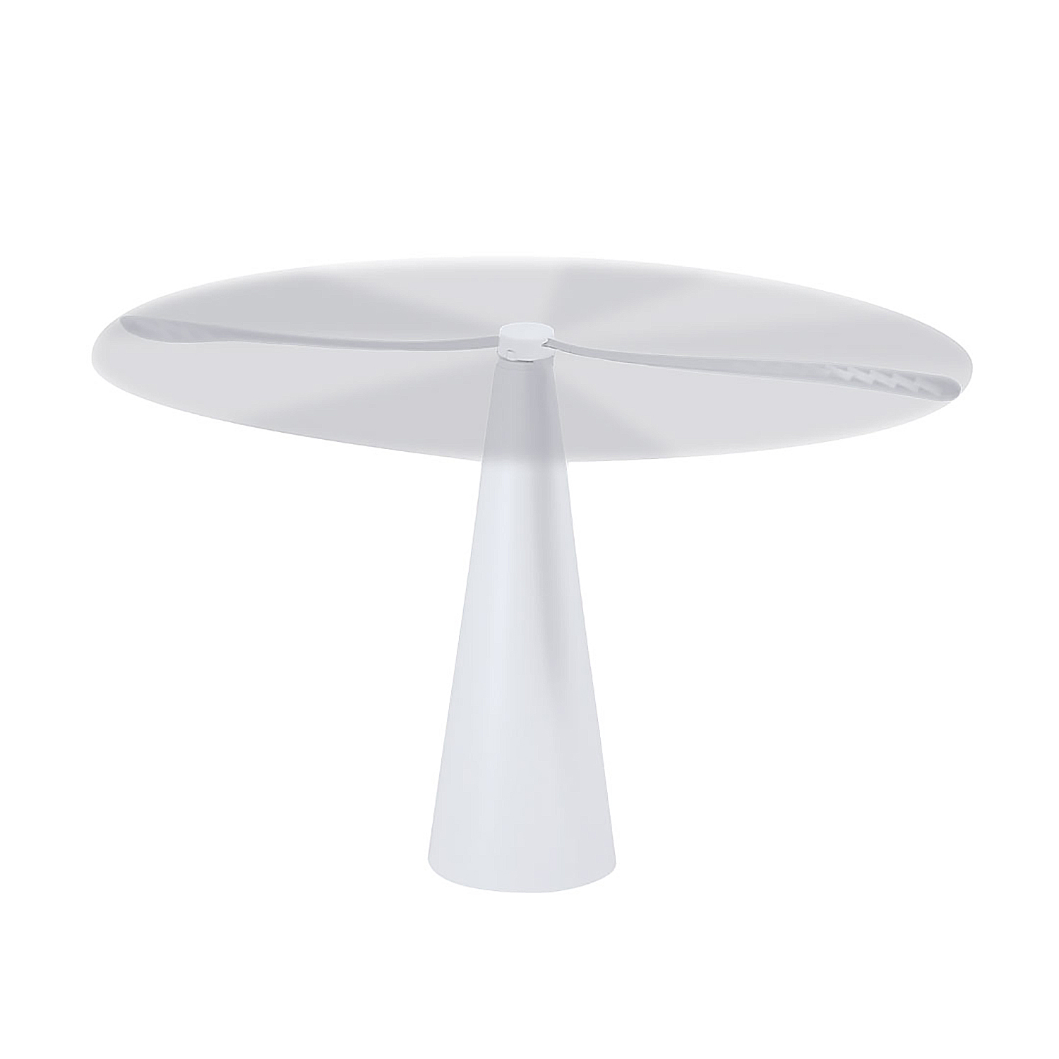 Mesa blanca con forma de gota y tapa redonda de cristal.