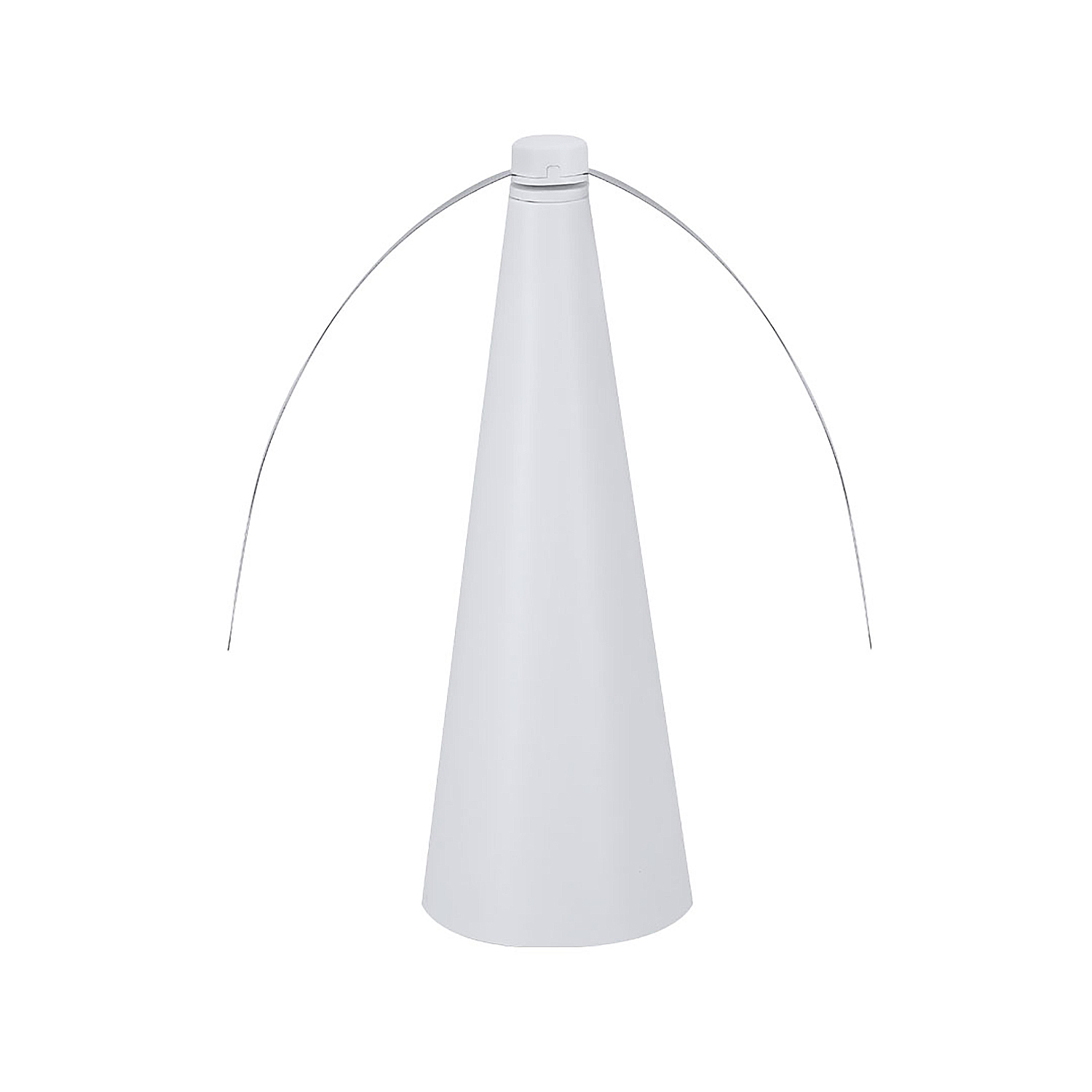 Un matamoscas blanco con forma de cono y dos tiras metálicas curvas.