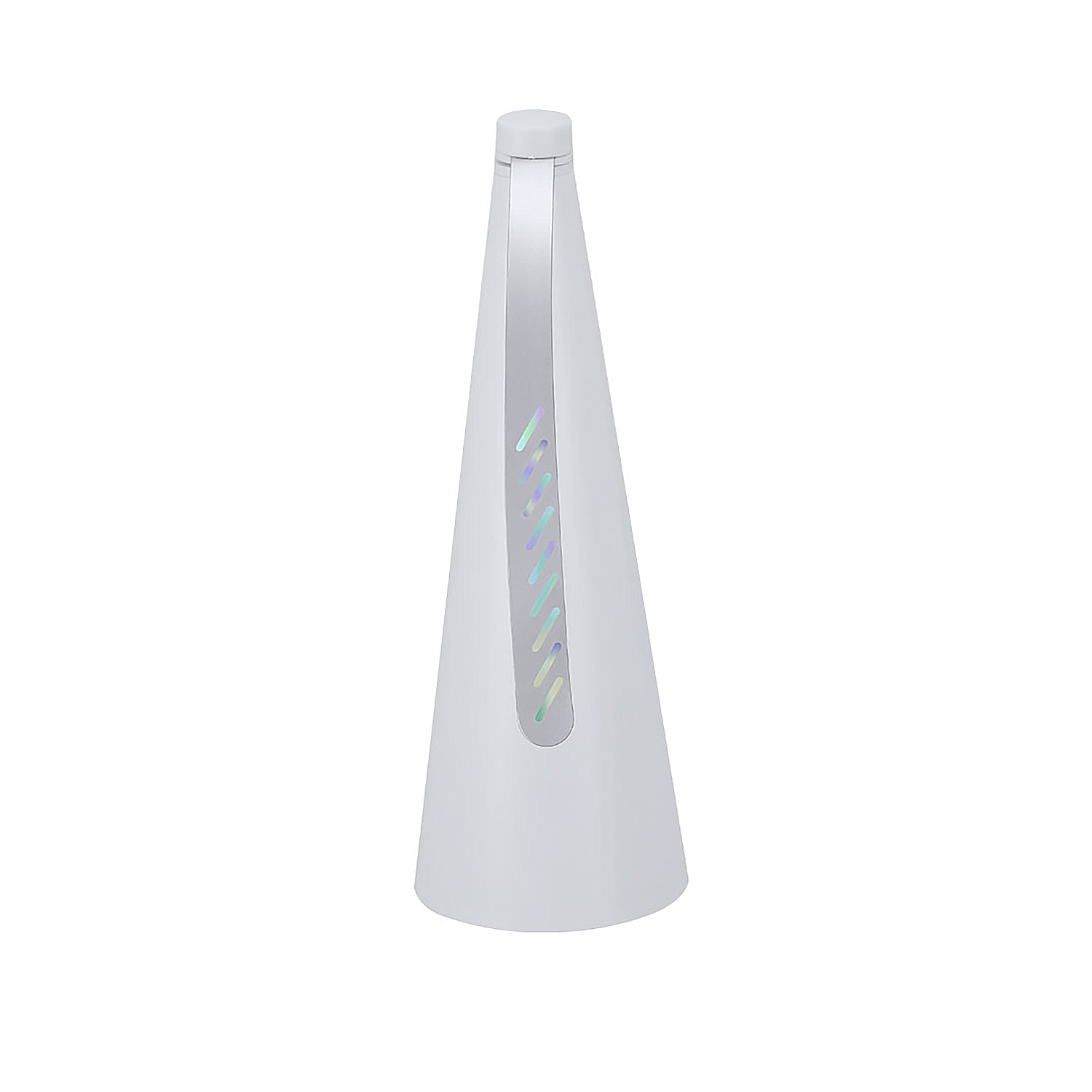 Una lámpara blanca en forma de cono con una franja vertical de luces de colores.
