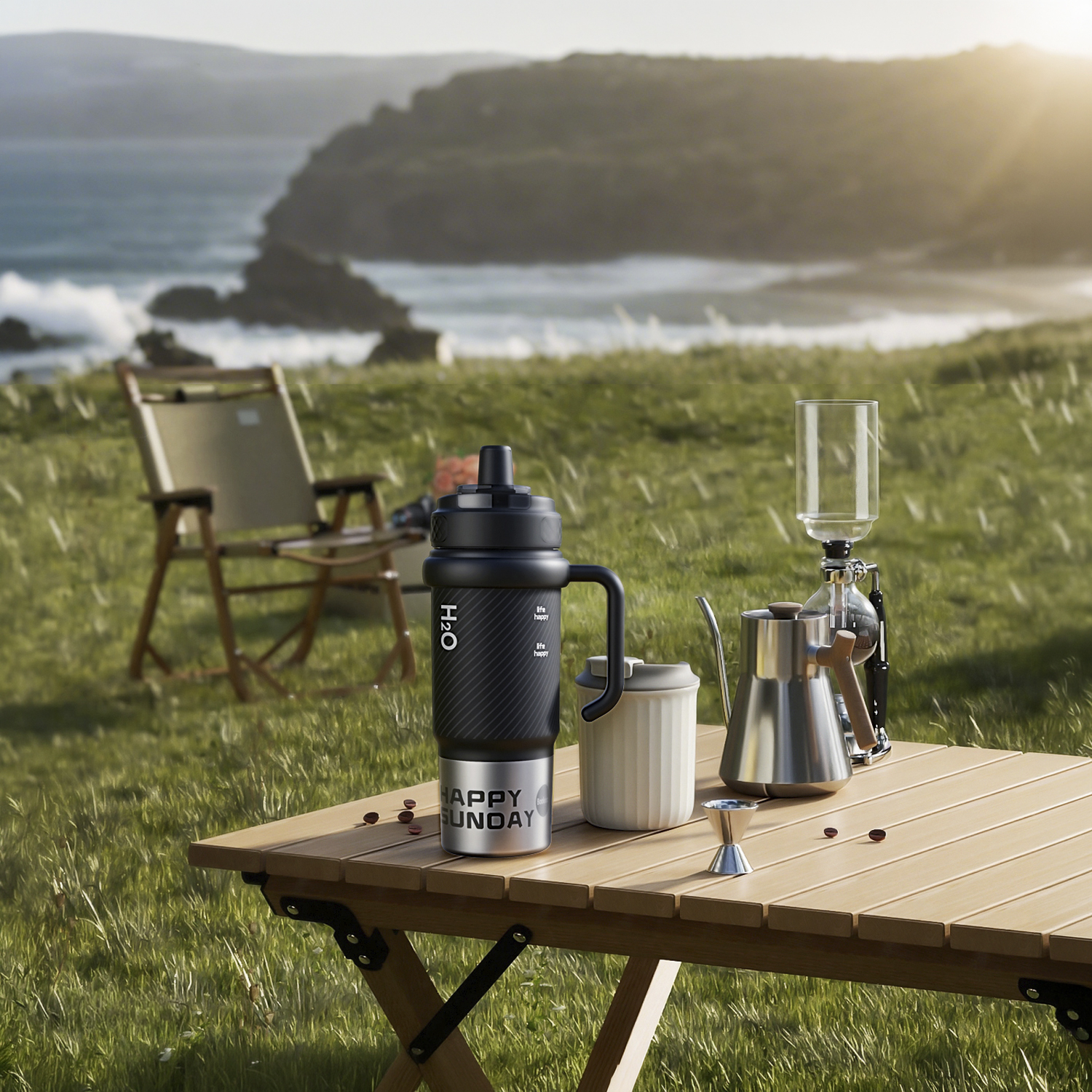 Configuración de café al aire libre: mesa con botella H2O, tetera, sifón y silla junto al mar.