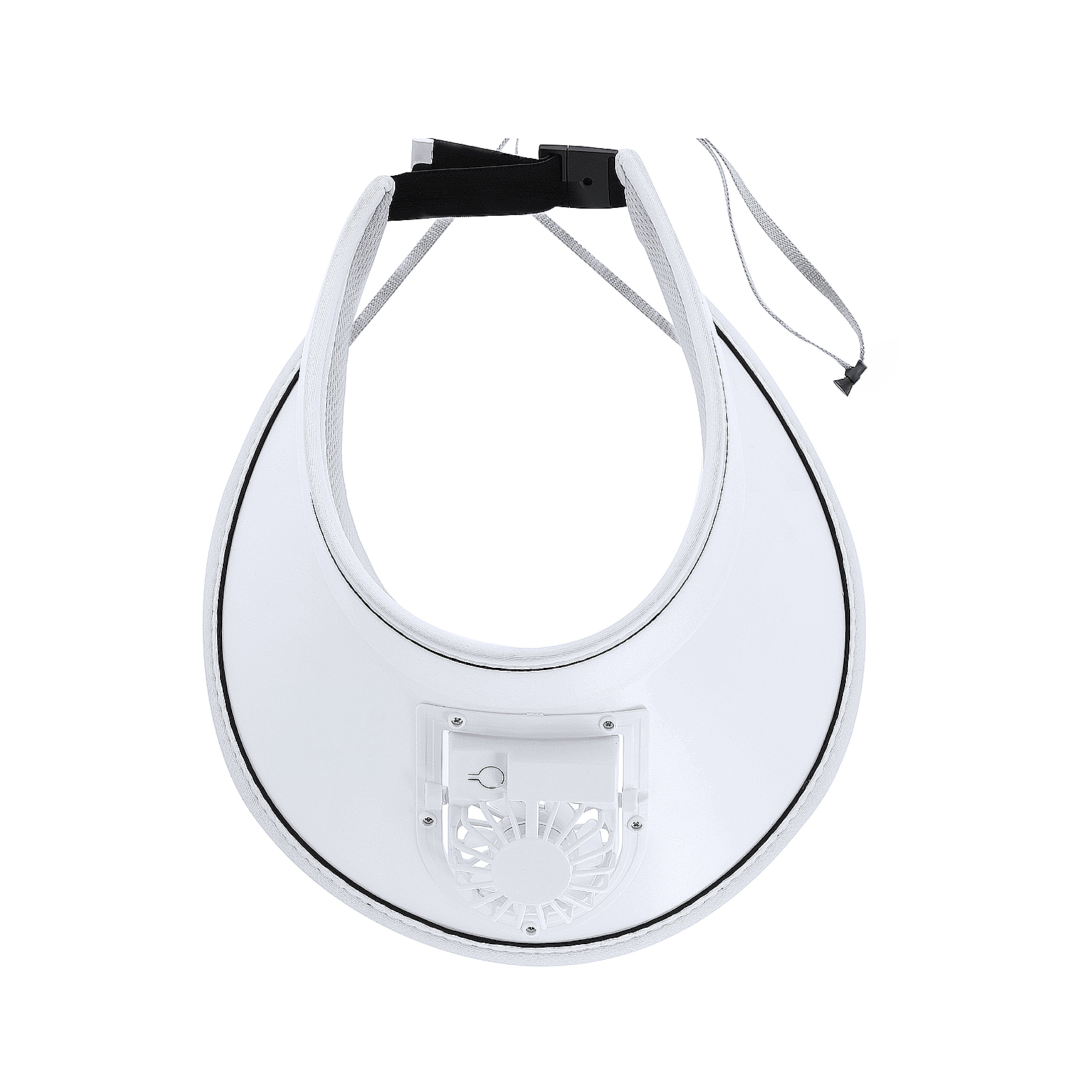 Visera solar blanca con ventilador y correas ajustables.